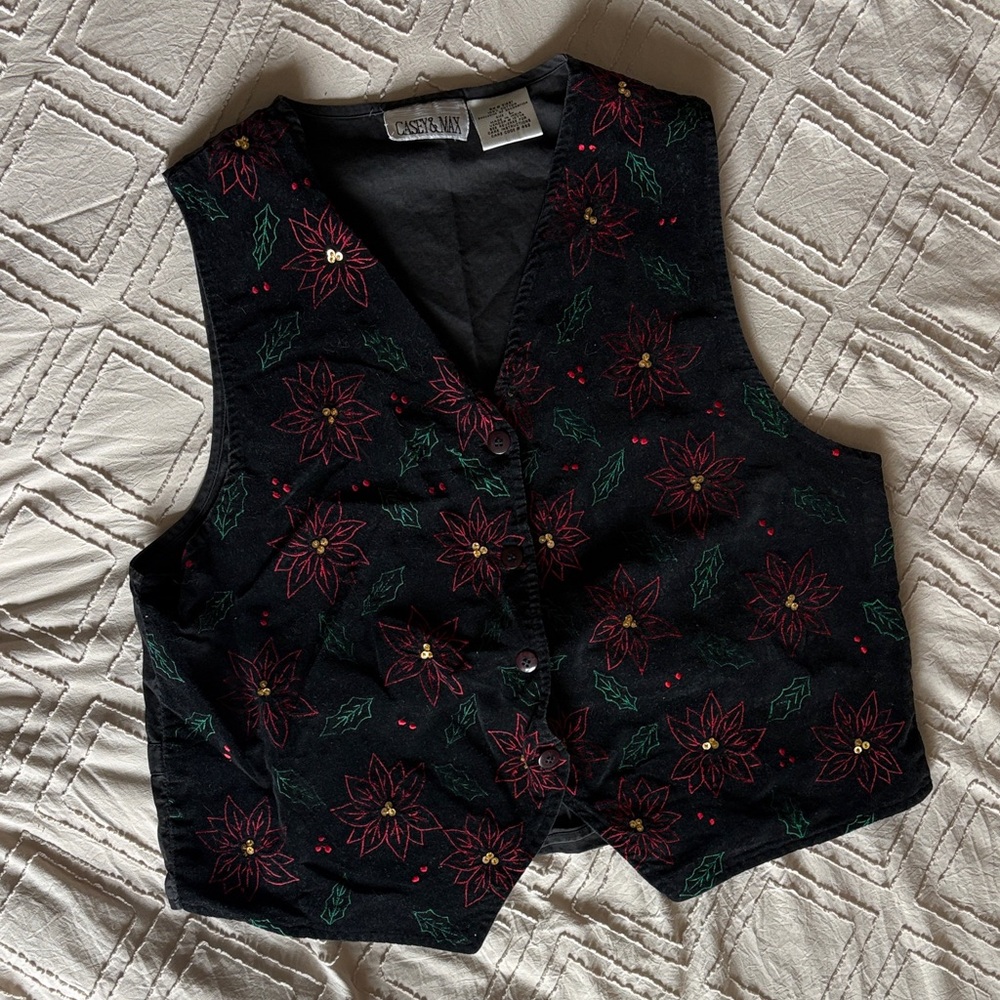 Women's Black Embroidered Poinsettia Vest - Holiday Tunic